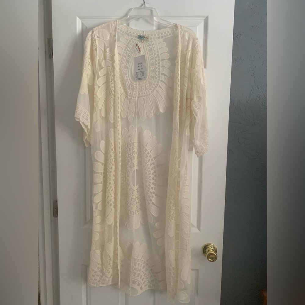 Rebellion Again Womens M Cream Lace Embroidered Sheer Kimono Duster Cardigan New